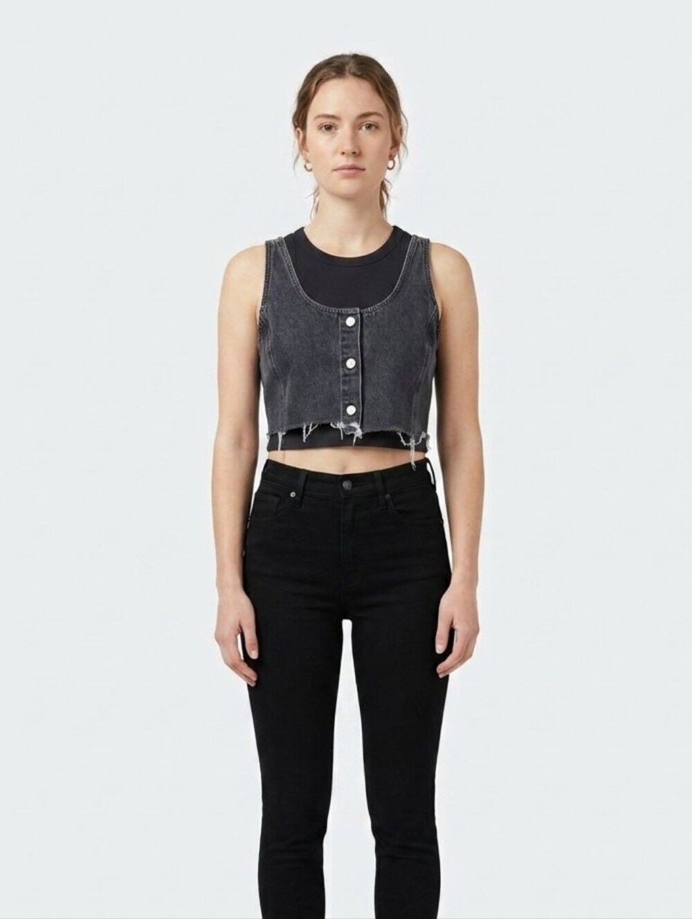 Levis Vintage Black Wash Cropped Denim Vest Top Distressed Raw Hem Size XL